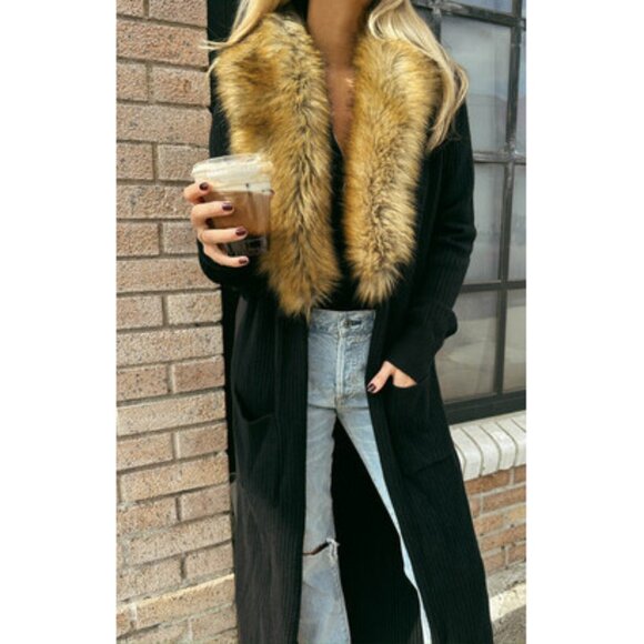 πGORGEOUS!πBOHO-CHIC 70s INSPIRED FAUX RED FOX FUR COLLAR CARDIGAN in BLACK - Picture 13 of 16